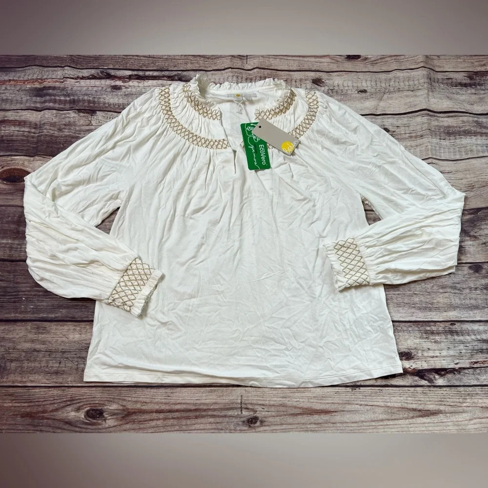 Boden WOMEN'S US 6 Ivory Smocked Yoke Gold Metallic Top Blouse Shirt NEW.  46